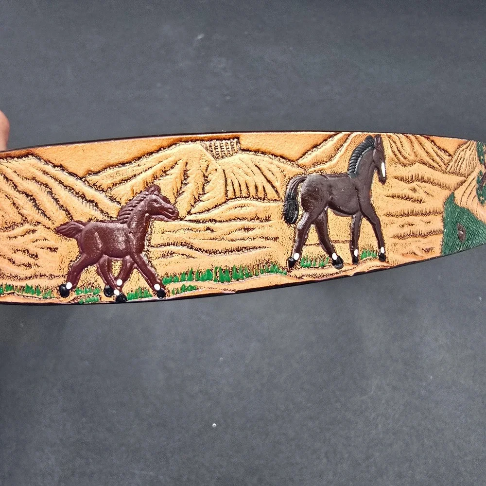 Nocona Belt Co Kids Western Tooled Leather Horse Scene Belt Buckle N4414002-28
